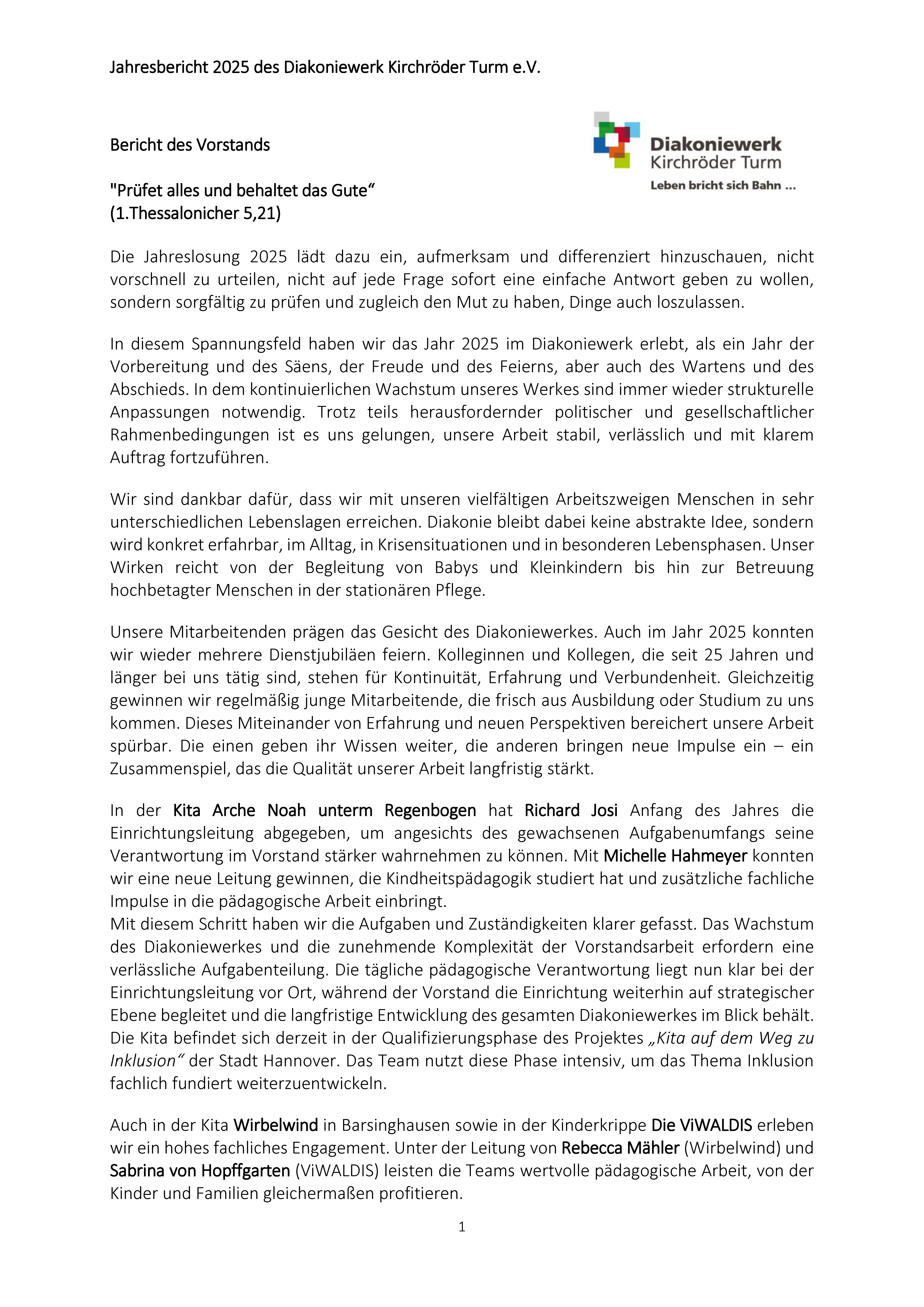 Bericht Diakoniewerk KT