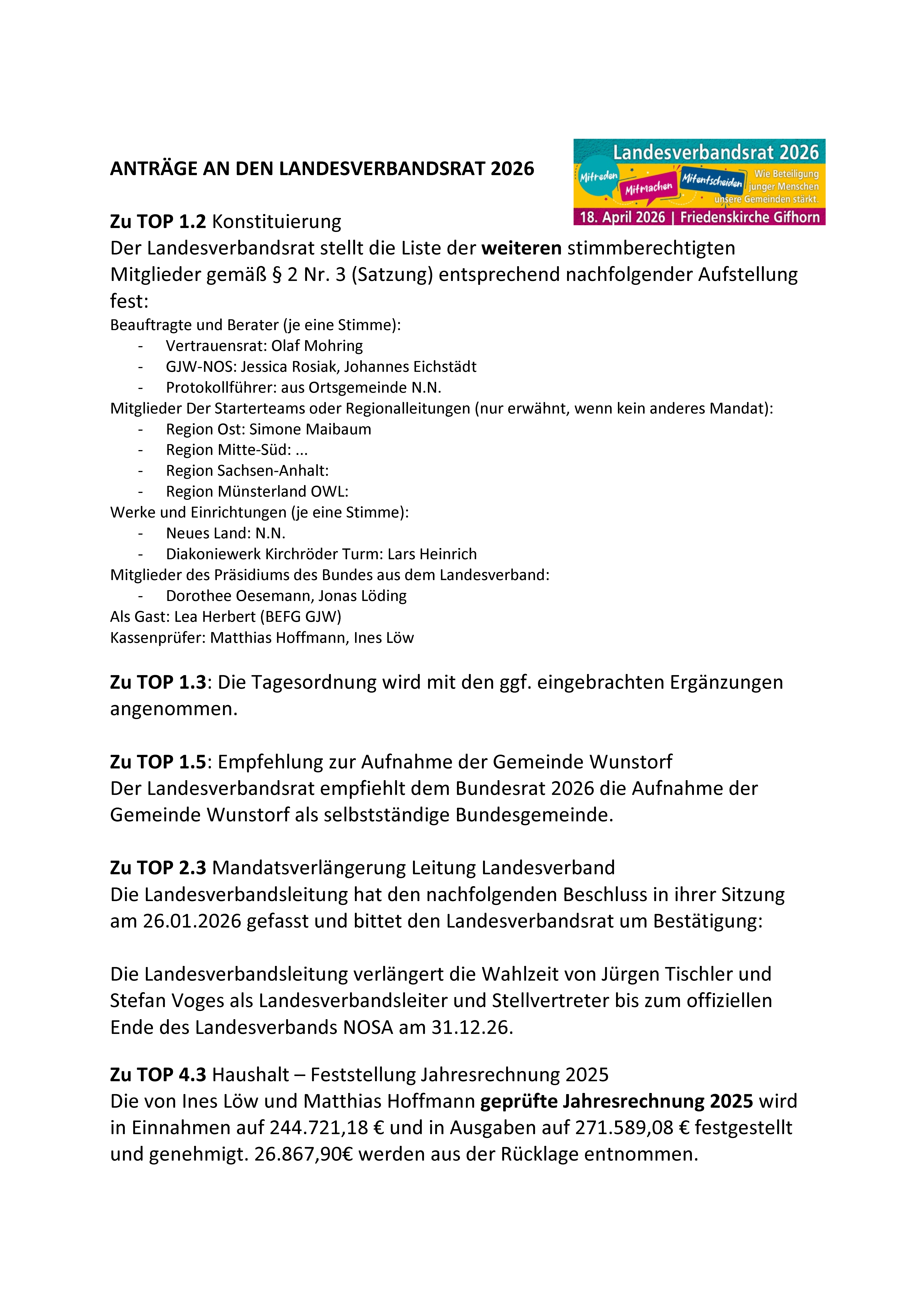 Anträge an den LV Rat 2026
